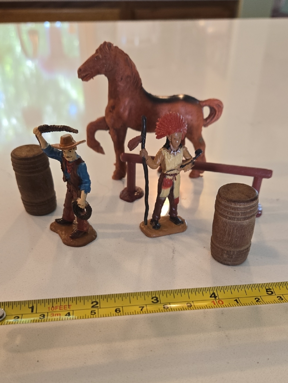 Vintage Western Diarama Toys Cowboy Indian Horse Wood Barrels Lot